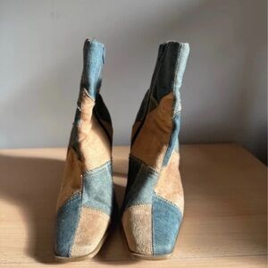 New Look Patchwork Heeled Boots - Denim Blue and Camel